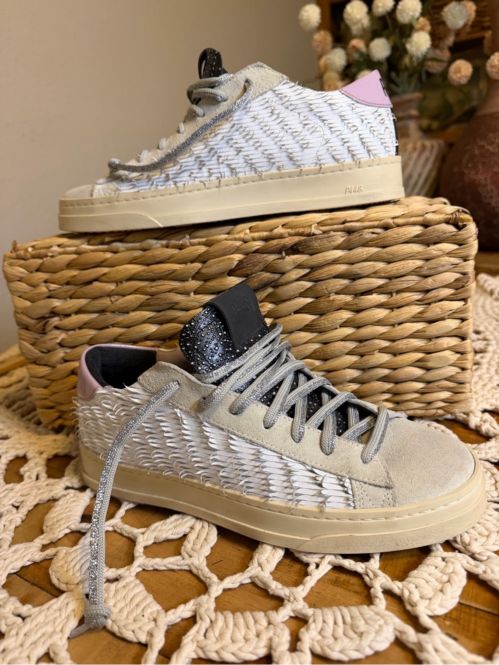 P448 John Feather Fringe Sneakers 37 Pink Silver Rhinestone punk glam grunge